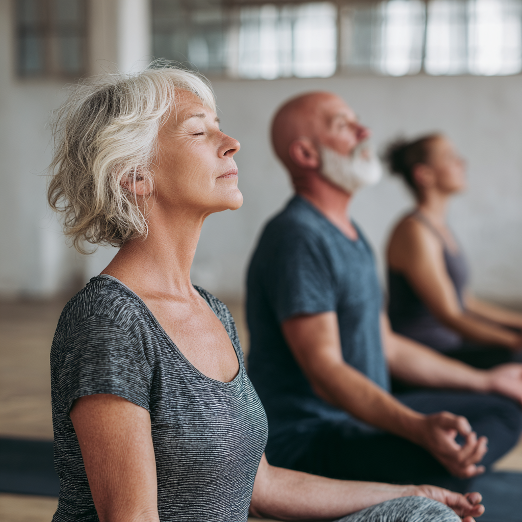 Mature adults in comfortable yoga poses focusing on breathing exercises in natural studio setting