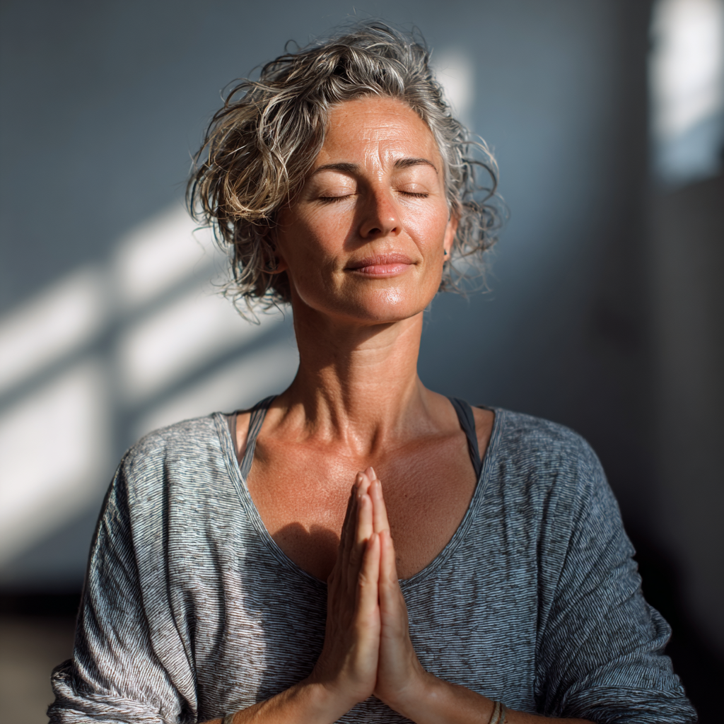 Peaceful middle-aged woman practicing yoga in serene studio environment with natural lighting